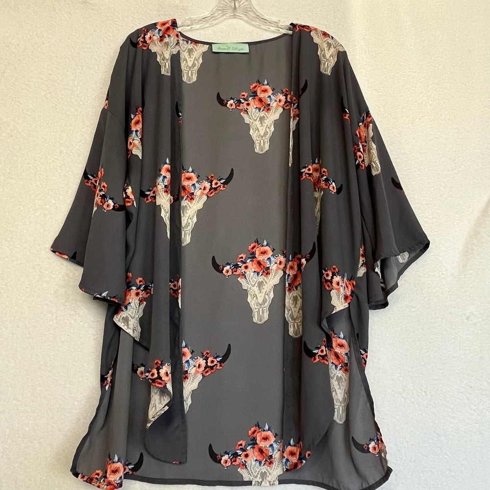 Animal Citizen Kimono Duster Floral Steer Skull Western Print Cover Up Boho S‎